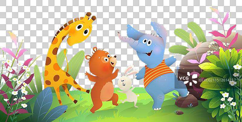 快乐的动物在丛林中聚会跳舞图片素材