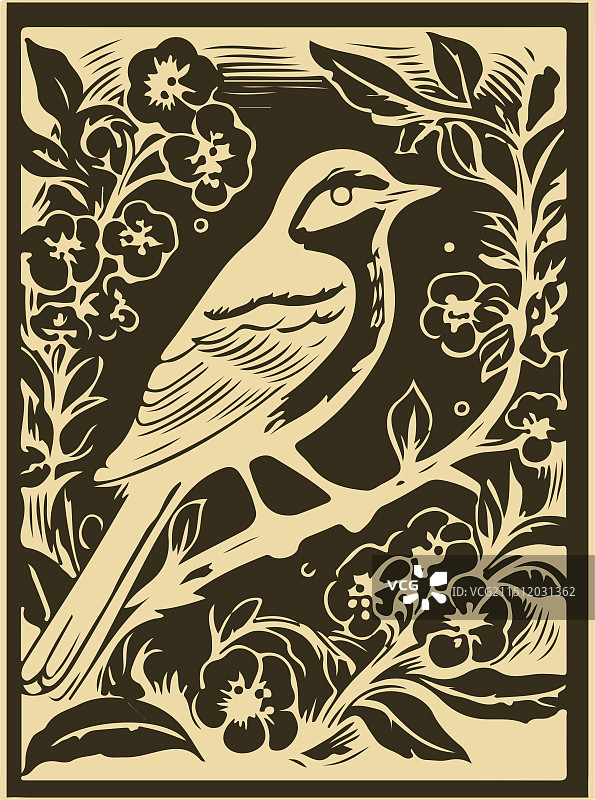 木刻版画剪纸风花鸟插画图片素材