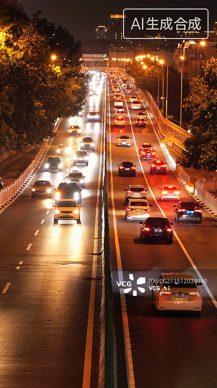 【AI数字艺术】夜晚城市交通车流，体现了现代化生活快节奏与城市建设的高速发展图片素材