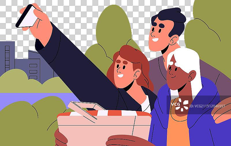 带篮子去城市公园野餐的人们图片素材