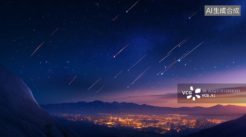 【AI数字艺术】城市上空的流星雨图片素材