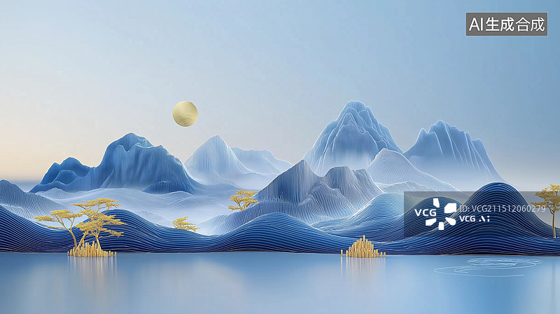 【AI数字艺术】3D立体中国风青绿山水画——蓝色的群山与金色的树图片素材