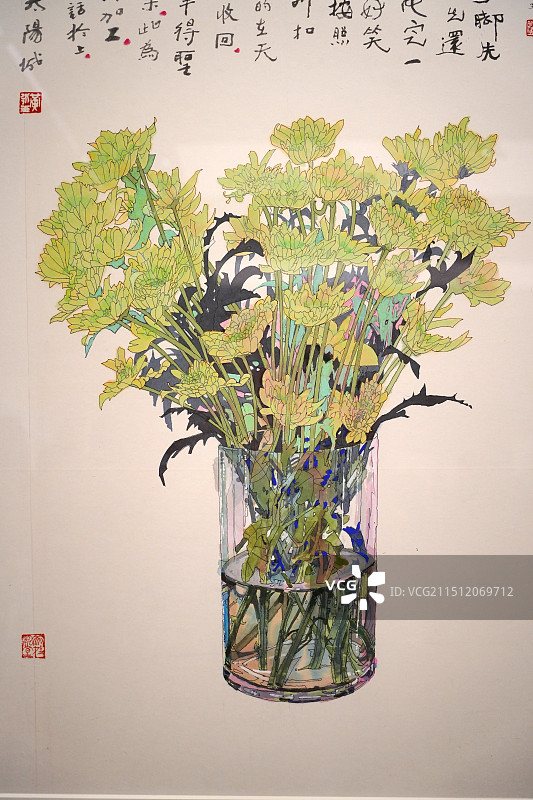 中国画《瓶菊》作者黄永玉。中国美术馆，百岁新作展，如此漫长如此浓郁，博物馆画展，湖南画家图片素材