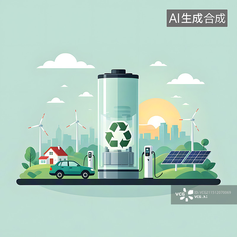 【AI数字艺术】电池新能源环保插画图片素材