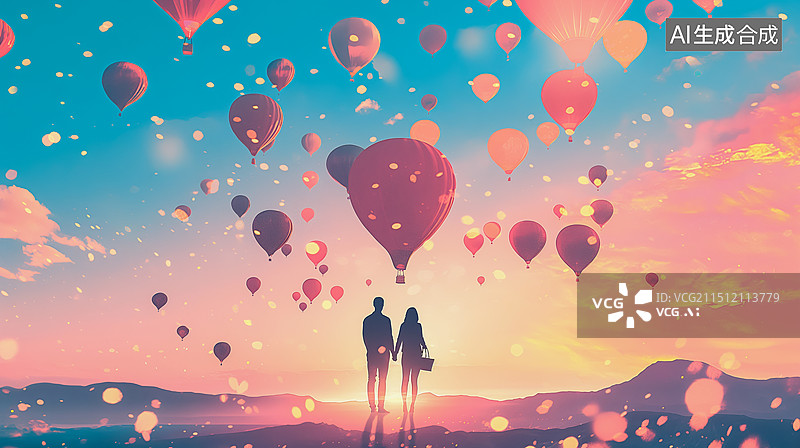 【AI数字艺术】情侣在热气球下的剪影图片素材
