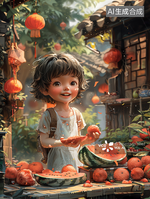 【AI数字艺术】可爱的小女孩吃西瓜图片素材