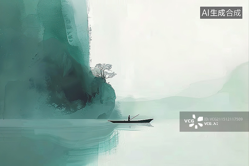 【AI数字艺术】极简风格中国古代山水孤舟老翁垂钓插画图片素材