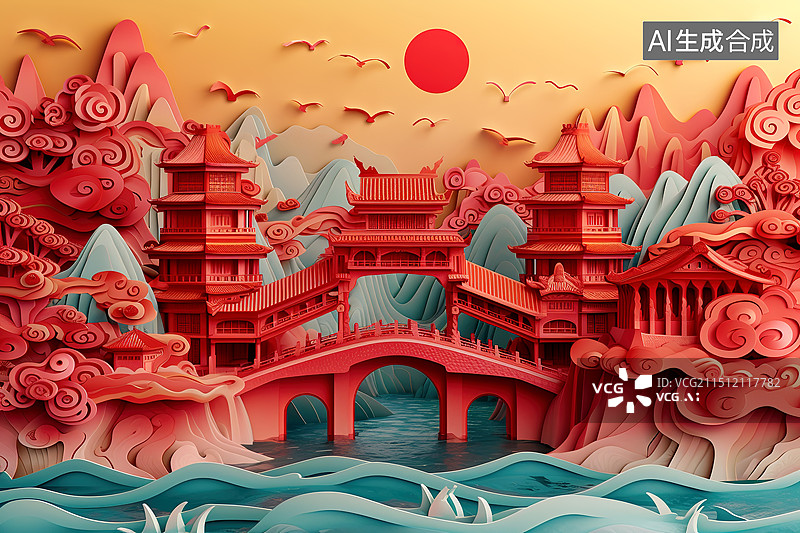 【AI数字艺术】中国风红色剪纸山水古建筑风景画图片素材