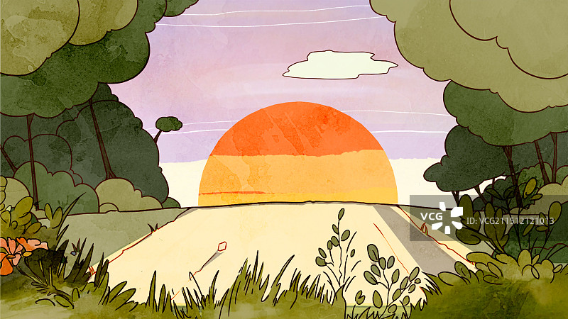 水彩风格落日茶插画图片素材