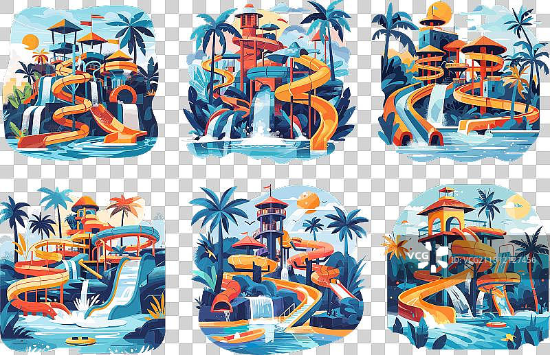 水上乐园彩色卡通场景旅游广告图片素材