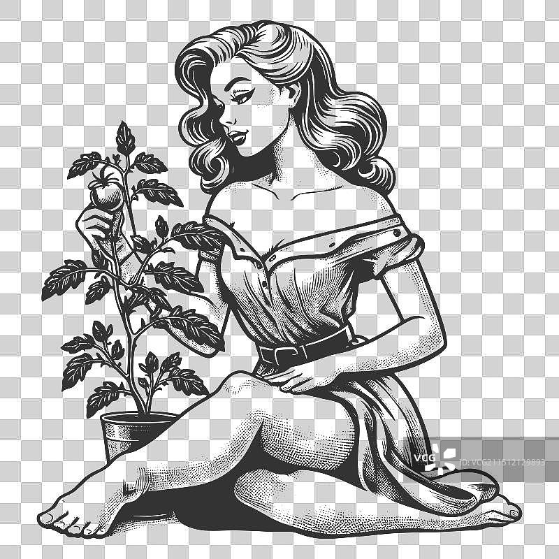 手拿番茄植株的女人图片素材
