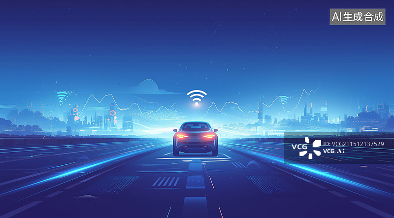 【AI数字艺术】无人驾驶汽车雷达感应系统概念图图片素材