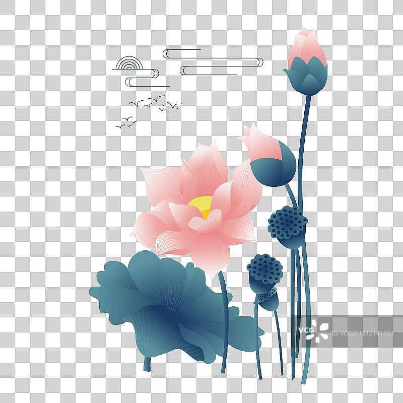 免扣元素矢量图扁平风国潮风中国风插画夏天立夏荷花荷叶花蕾莲蓬祥云水墨渐变宁静安详古色古香图片素材
