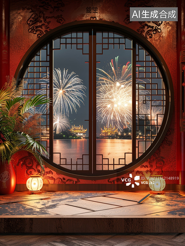 【AI数字艺术】中式传统窗户背景，中秋节春节国庆节节日庆祝年夜饭背景图片素材