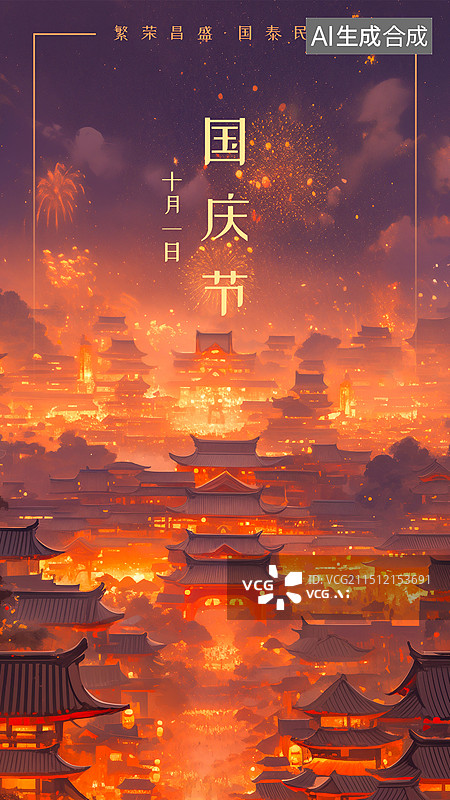 【AI数字艺术】国庆节海报模板插画设计，中国风城市古代街景，繁华的大唐不夜城场景图片素材