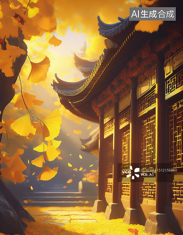 【AI数字艺术】北方秋天的银杏黄叶图片素材