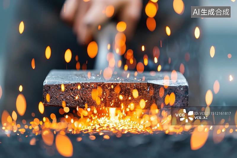 【AI数字艺术】铁匠锤击铁块火花飞溅图片素材