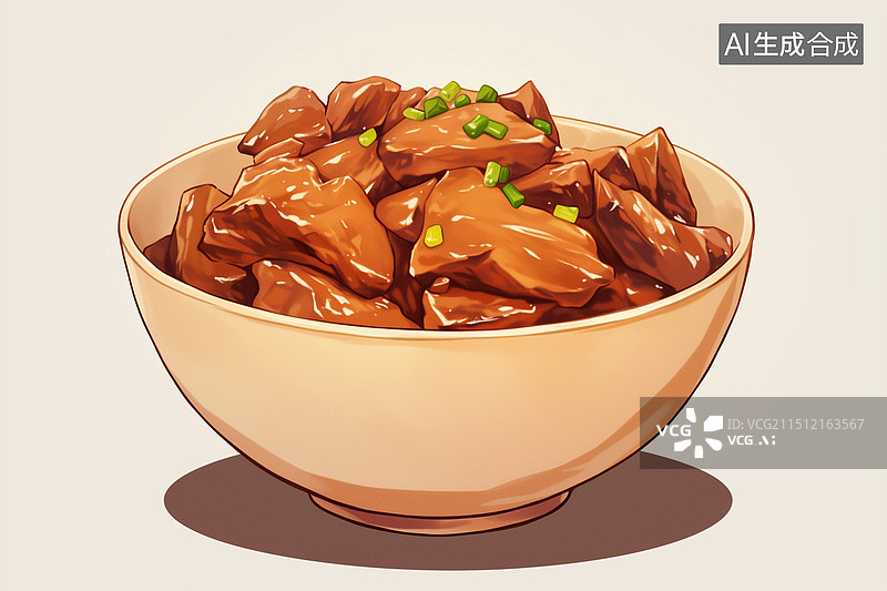 【AI数字艺术】白底桌上一碗色泽鲜亮的红烧肉传统美食插画图片素材