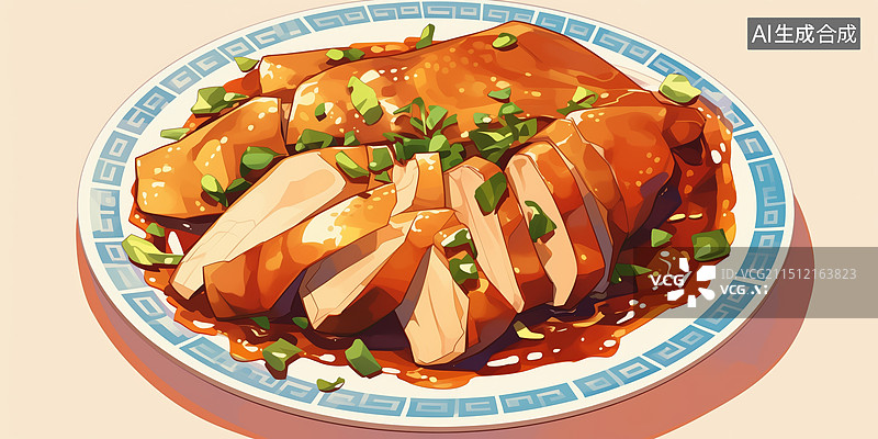 【AI数字艺术】白底陶瓷盘中色泽鲜亮的传统美食烤鸭插画图片素材