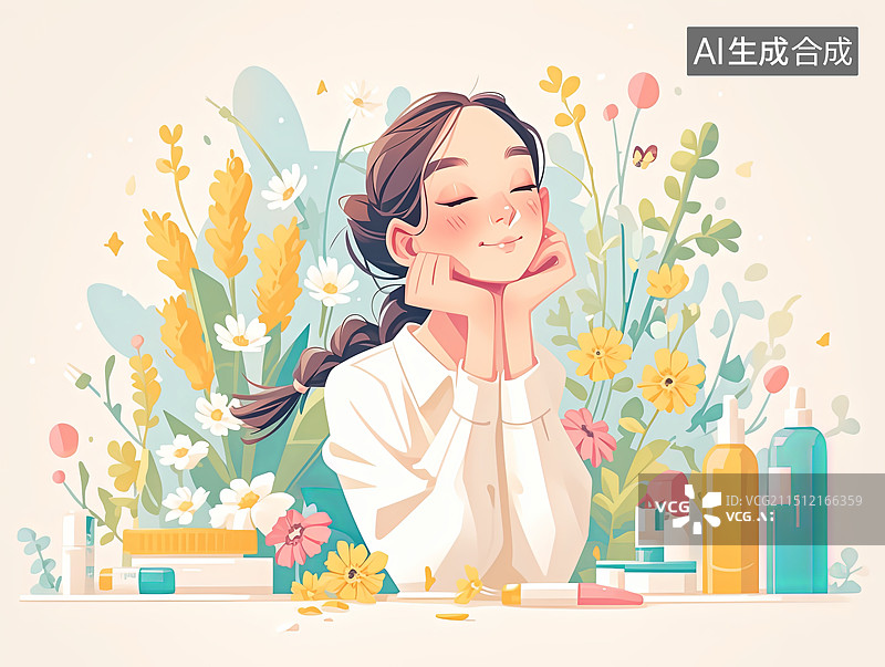 【AI数字艺术】女性化妆插画 正在化妆的女孩图片素材