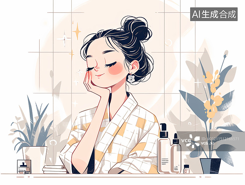 【AI数字艺术】女性化妆插画 正在化妆的女孩图片素材