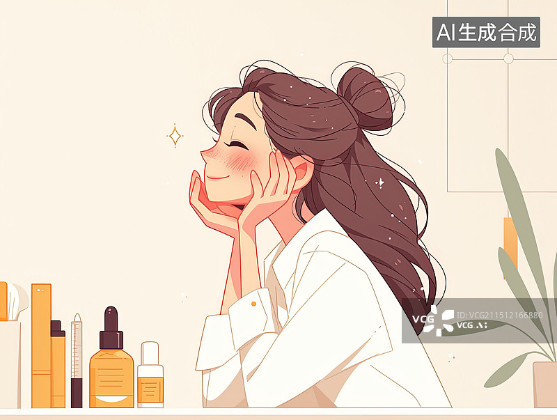 【AI数字艺术】女性化妆插画 正在化妆的女孩图片素材