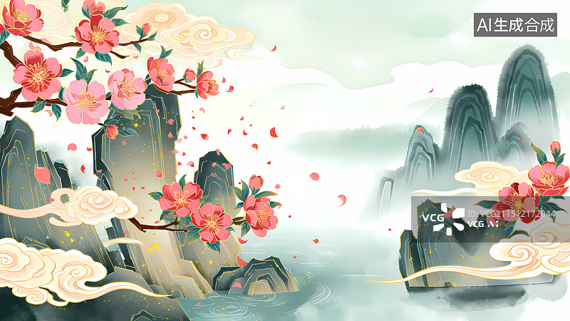 【AI数字艺术】春天桃花山水插画图片素材