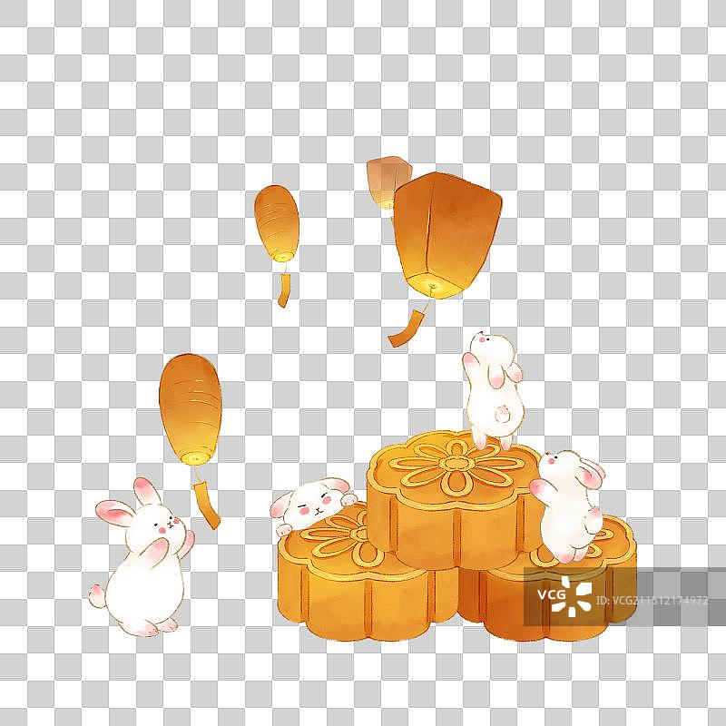 可爱风水彩手绘中秋节小兔子与月饼桂花天灯插画元素图片素材