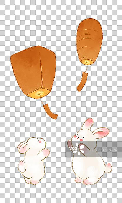 可爱风水彩手绘中秋节小兔子与月饼桂花天灯插画元素图片素材