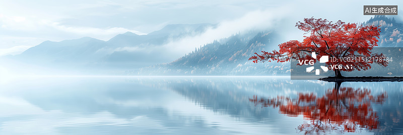 【AI数字艺术】雾气缭绕的湖泊旁的多彩林地，红色和橙色叶子的反射，形成一幅宁静的秋景，有留白，适合做为背景图图片素材