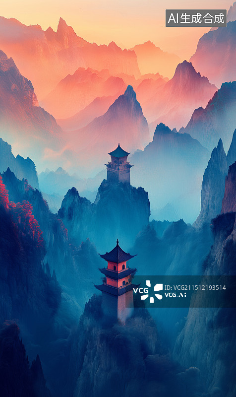 【AI数字艺术】古风背景 山顶的塔图片素材