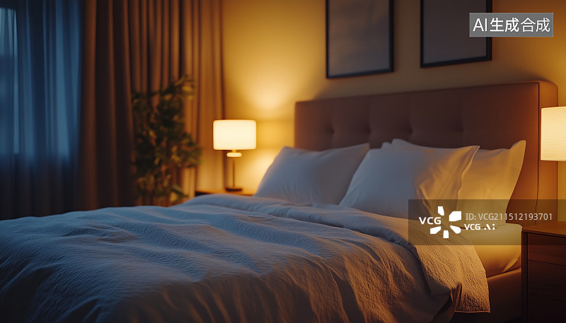 【AI数字艺术】温暖的卧室 床上用品 家图片素材