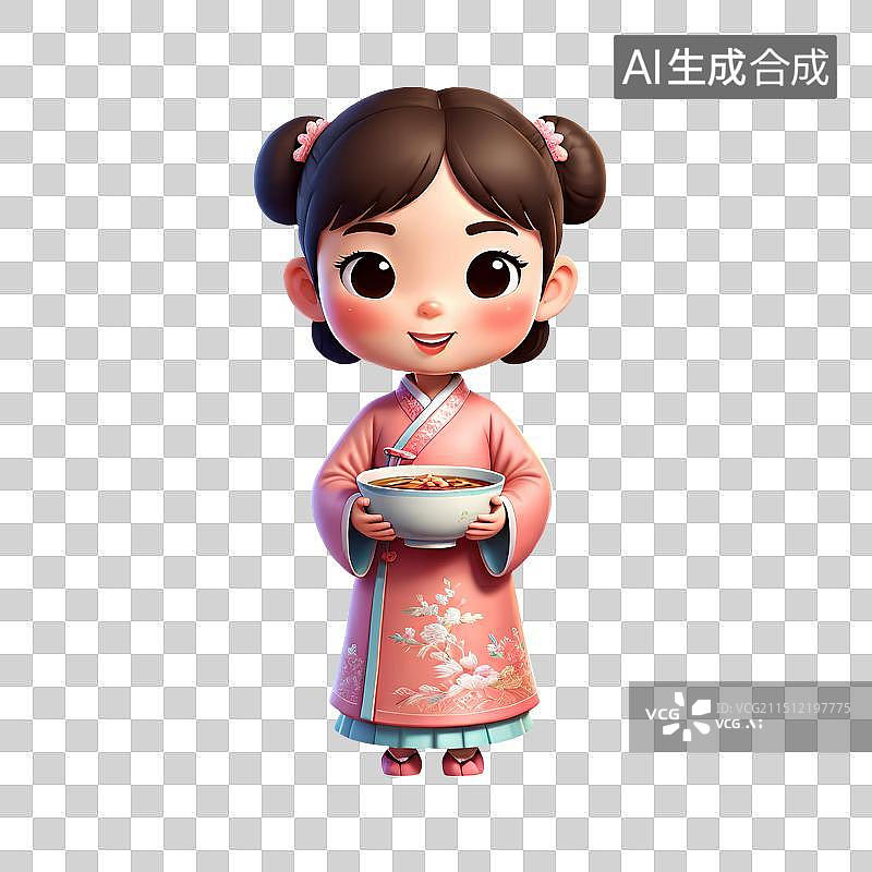 【AI数字艺术】3D渲染古风Q版人物，拿着一碗腊八粥的少女，美食小吃，腊八节，汉服，古装，传统服饰，节日，免抠元素图片素材