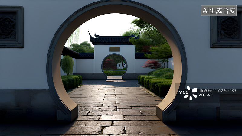 【AI数字艺术】3D渲染，中式园林里的拱门，石板路，古典建筑，背景图图片素材
