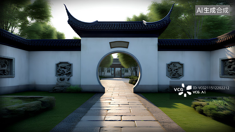 【AI数字艺术】3D渲染，中式园林里的拱门，石板路，古典建筑，背景图图片素材