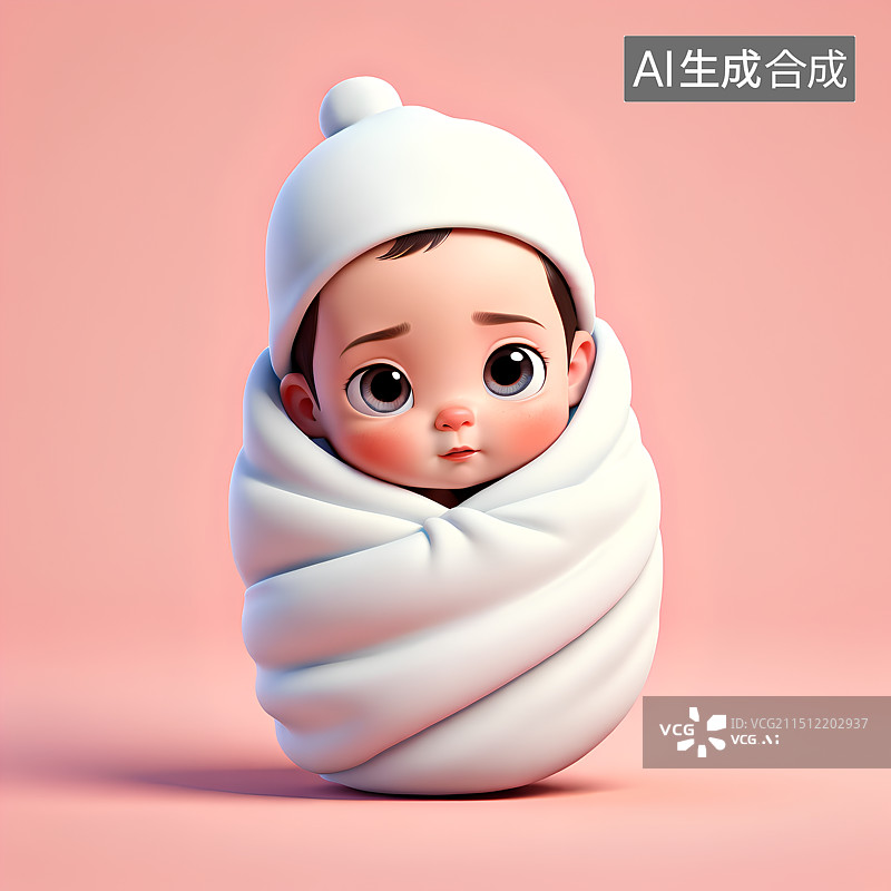 【AI数字艺术】3D渲染卡通人物，襁褓里的新生儿，抱被包裹着的婴儿，可爱的小宝宝图片素材