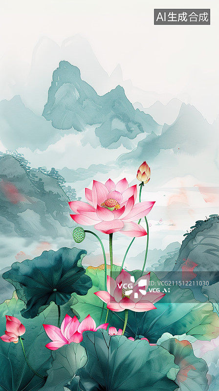 【AI数字艺术】写意荷花山水图图片素材