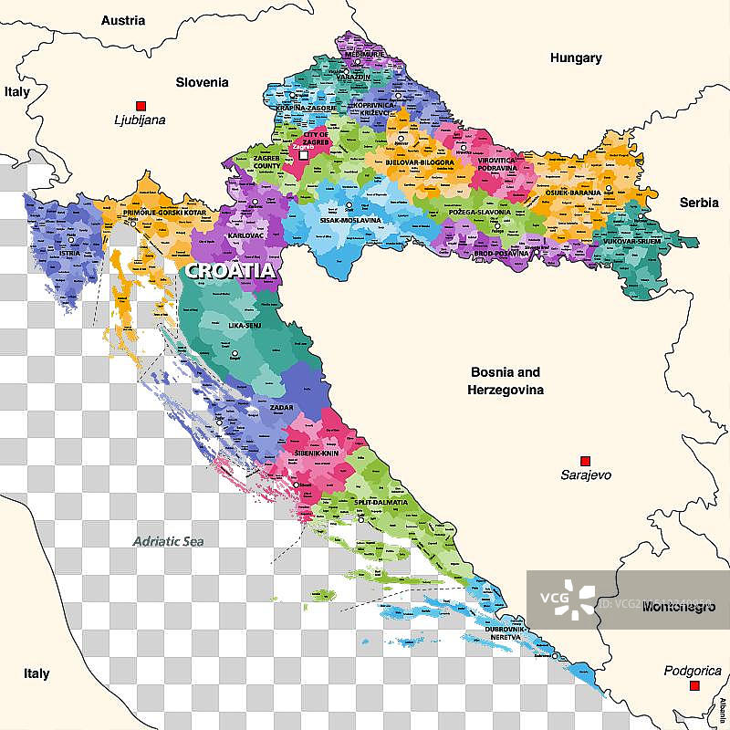 克罗地亚行政区划详细地图图片素材