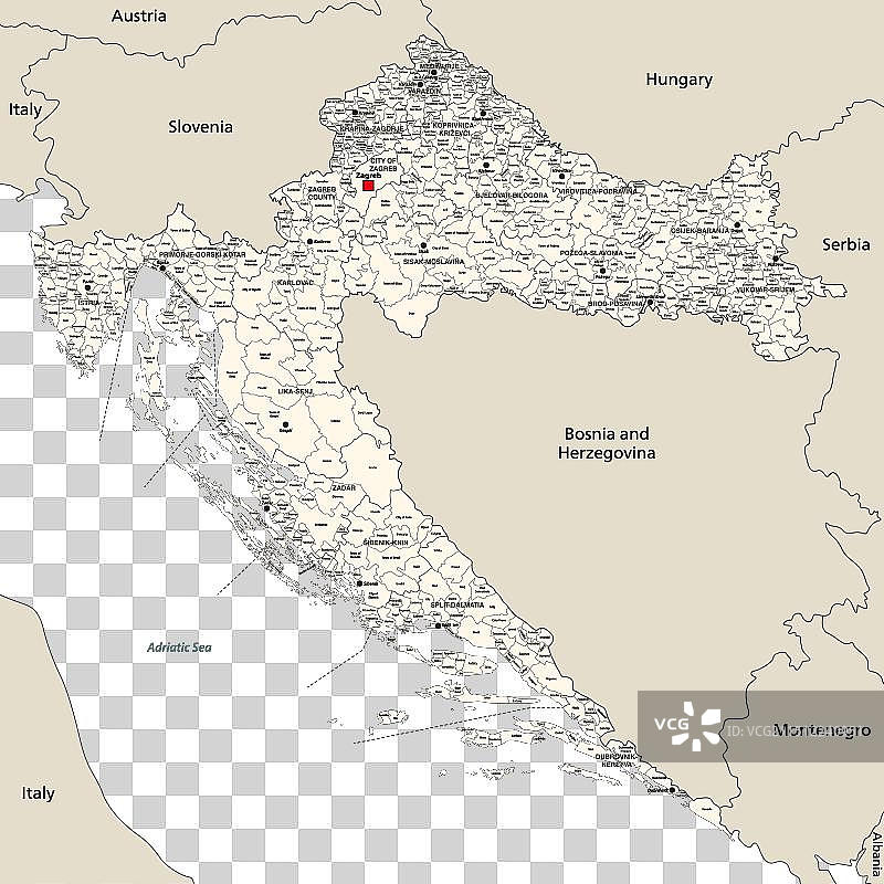 克罗地亚行政区划详细地图图片素材