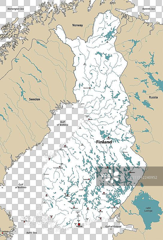 带有区域的芬兰湖泊和河流地图图片素材