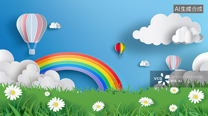 【AI数字艺术】剪纸风格3D蓝天白云草地彩虹背景插画图片素材