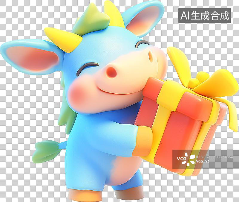 【AI数字艺术】拿着红色礼物礼品的蓝色小毛驴三维插画图片素材