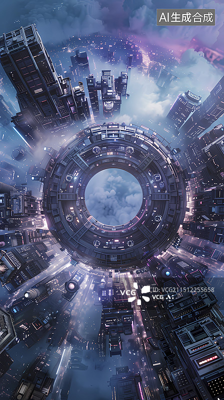 【AI数字艺术】数码未来感朋克城市抽象图形海报背景图片素材