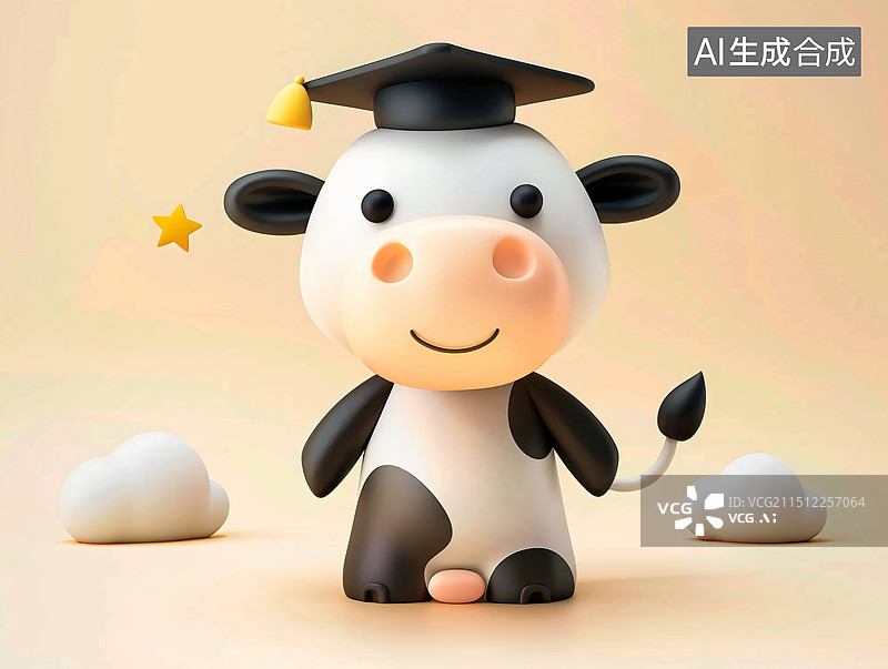【AI数字艺术】戴博士帽的3D卡通拟人小奶牛图片素材