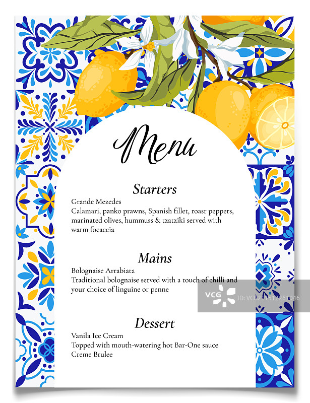 蓝色瓷砖和柠檬夏季婚礼请柬菜单图片素材