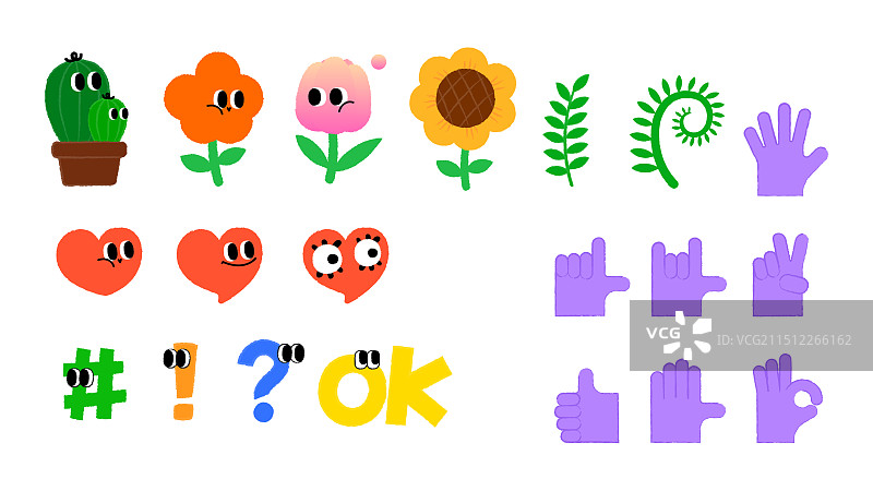 扁平插画可爱植物手势图片素材
