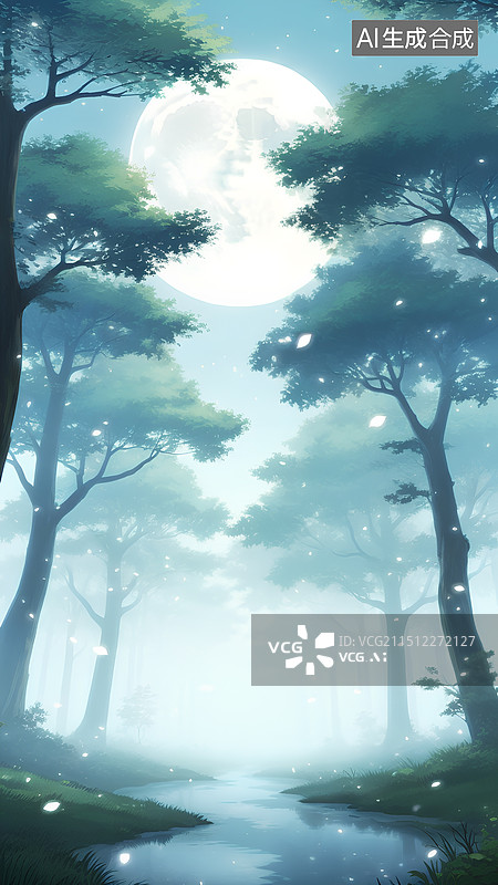 【AI数字艺术】薄雾迷迷，月影初显，树冠云海，空中花瓣飘落，国漫风格。图片素材