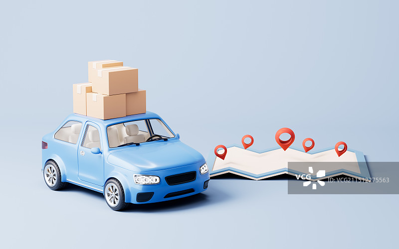 小汽车装运着纸箱三维渲染图片素材