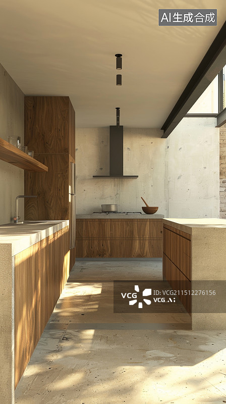 【AI数字艺术】现代室内的开放式厨房设计，简约装修设计图图片素材