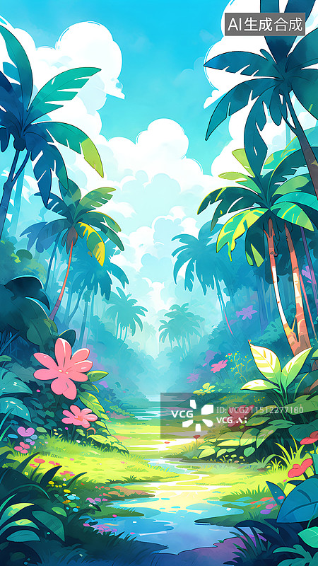 【AI数字艺术】水彩插画 热带棕榈树 热带雨林图片素材